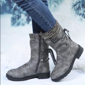 Gray mid calf boots